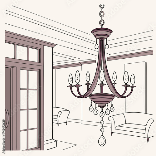 Elegant interior scene with a classic chandelier and comfortable sofas in a softly lit room