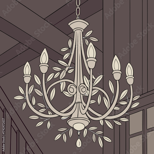 Elegant vintage chandelier with leaf accents hanging from a wooden ceiling in a dimly lit room
