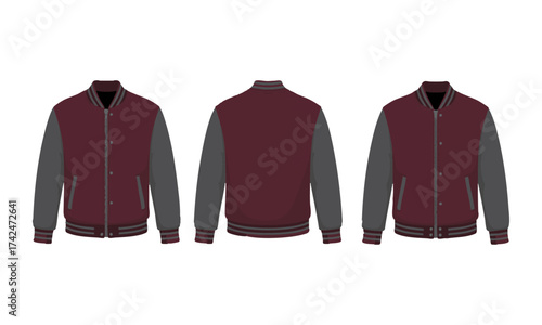 Varsity Jacket Mockup Set – Front, Back, Side Views  Minimal Flat Vector Illustration, College Jacket Mockup template, easily editable and scalable. 