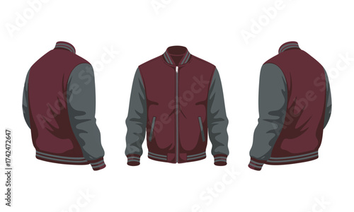 Varsity Jacket Mockup Set – Front, Back, Side Views  Minimal Flat Vector Illustration, College Jacket Mockup template, easily editable and scalable. 