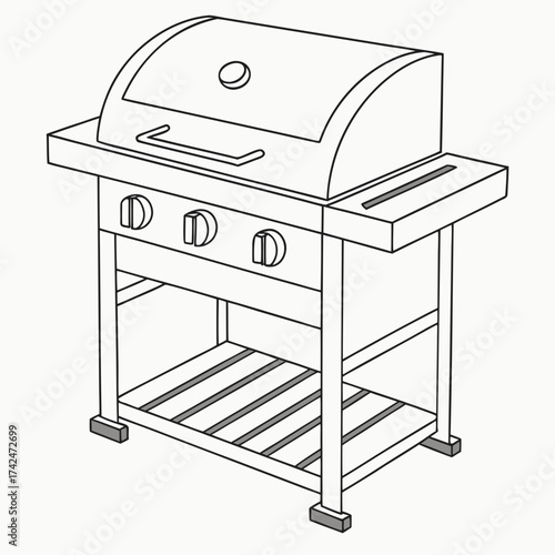 Illustration of a modern three burner gas grill with side shelves and storage rack