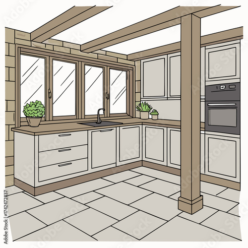 Modern kitchen interior with light wood cabinets large windows and stone tile flooring