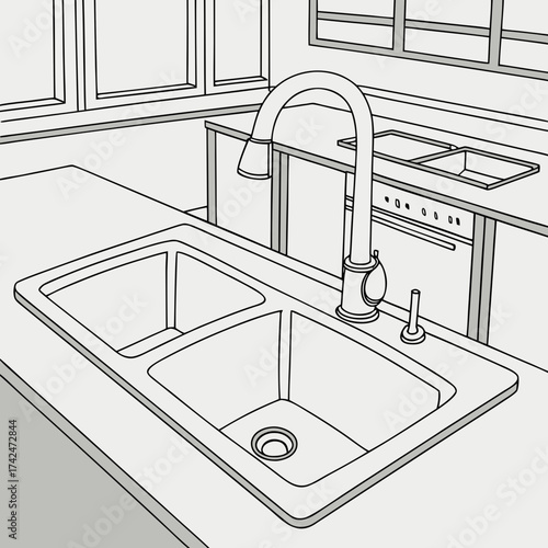 Modern kitchen double basin sink with contemporary faucet and countertop illustration