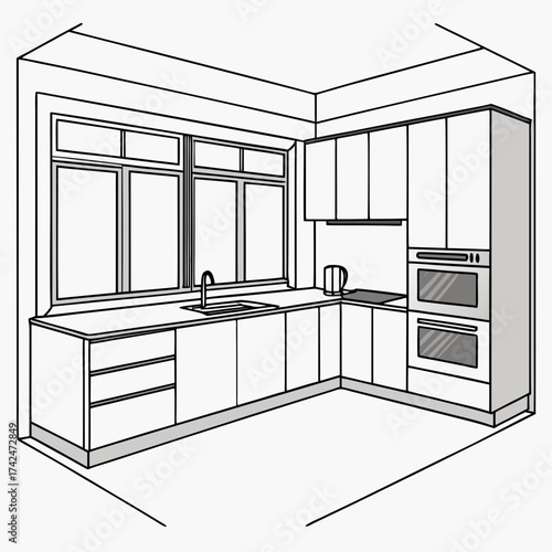 Modern l shaped kitchen design with sleek cabinets double ovens sink and large windows