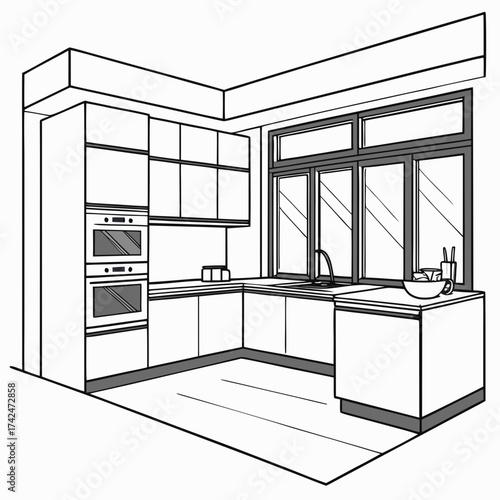 Modern l shaped kitchen design sketch with contemporary cabinetry and large windows