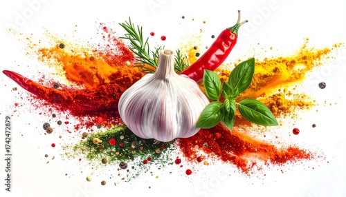 Fototapeta Naklejka Na Ścianę i Meble -  Flying colorful spice powders with garlic bulb, chili, and herbs separated 