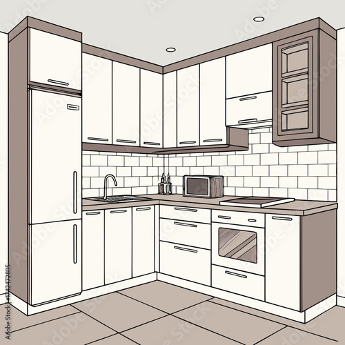 Modern l shaped kitchen interior design with white cabinets subway tile backsplash and stainless steel appliances
