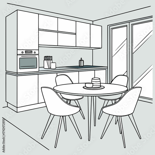 Modern minimalist kitchen interior with dining table and chairs clean lines and simple design