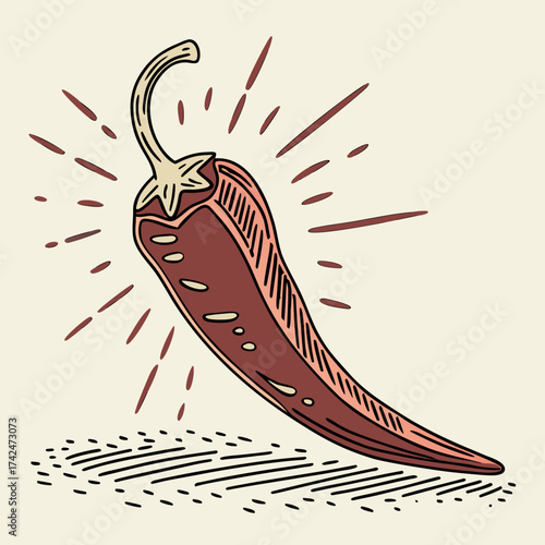 Stylized illustration of a red chili pepper with radiating lines and a hatched shadow on a cream background