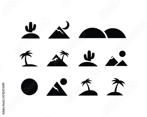 Set of 12 minimalist black and white vector icons featuring desert and tropical landscapes for scalable eps graphics silhouette vector illustration white background