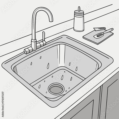 Illustration of a clean kitchen sink with running water and a dish soap dispenser on the counter