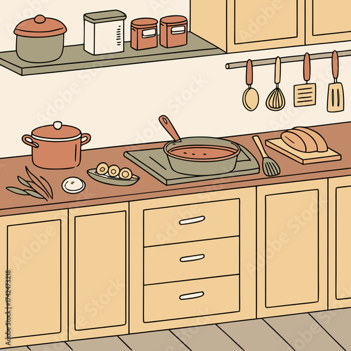 Cozy kitchen scene with cooking pots frying pan ingredients and utensils on a countertop