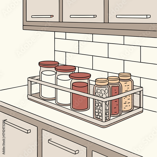Kitchen counter with organized glass jars containing food items on a shelf below cabinets