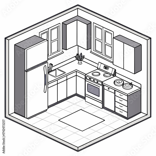 Isometric line art illustration of a modern kitchen layout with appliances and cabinetry