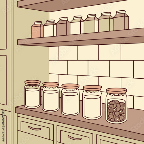 Kitchen pantry with shelves and countertop filled with jars of food and ingredients