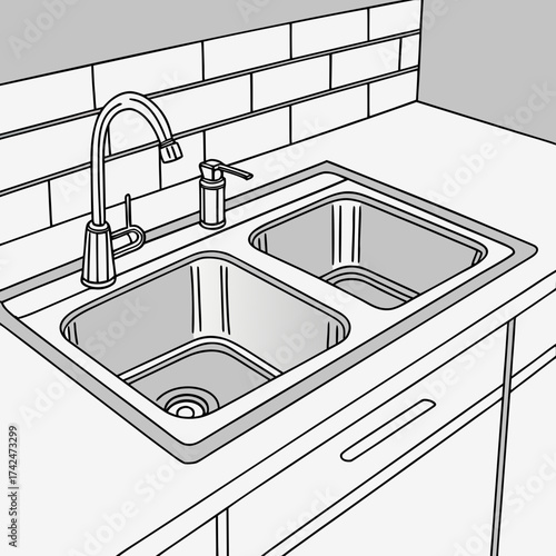 Modern kitchen double bowl sink with faucet and soap dispenser against subway tile backsplash