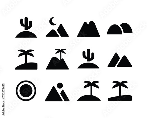 Set of 12 minimalist black and white desert and mountain landscape vector icons for scalable eps design projects silhouette vector illustration white background