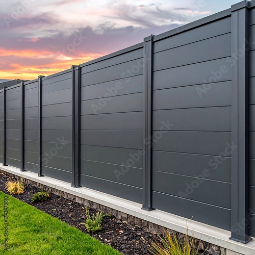 Dark grey horizontal panel fence with sunset sky