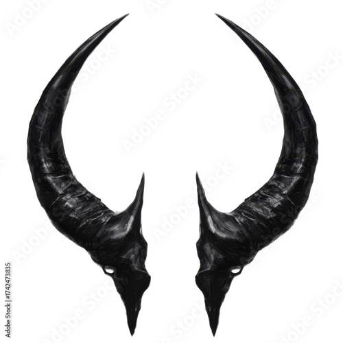AI Image A pair of darkly curved horns with intricate texture against a stark background evoke