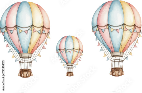 The image features three hot air balloons illustrated in a charming watercolor style, set against a clean white background the balloons are painted in soft pastel colors, includin