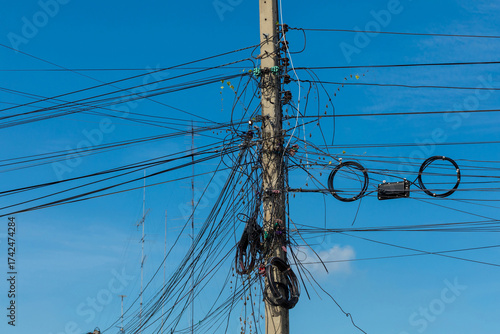 Tangled Power Lines and Communication Wires on Electric Pole