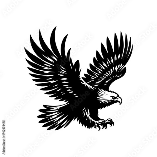 Dynamic black and white vector illustration of a powerful flying eagle with spread wings, perfect for a logo or emblem