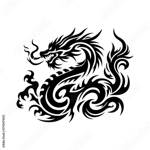 Tribal Dragon Tattoo Design - A Fierce Black Ink Illustration of a Mythical Creature
