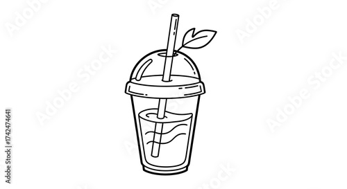 Simple Black and White Line Drawing of a Refreshing Iced Drink in a Cup with Straw and Leaf