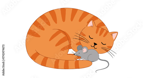 Orange cat sleeping peacefully with grey mouse curled up beside it ,for children's books and pet adoption campaigns 