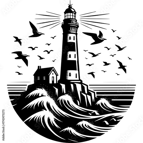 Guiding Light: A captivating monochrome illustration of a stalwart lighthouse standing firm against the relentless waves, its beacon piercing the sky, with birds swirling around it.