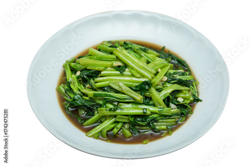 Stir-Fried Morning Glory with Oyster Sauce on White Plate, Isolated on Transparent Background