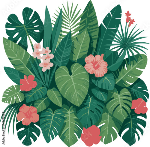 Tropical plant arrangement with vibrant pink flowers and lush green leaves isolated on transparent background