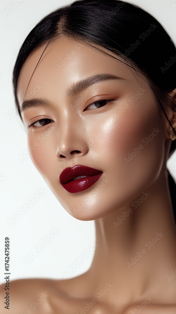 Fototapeta premium Asian woman with dark red lipstick beauty portrait
