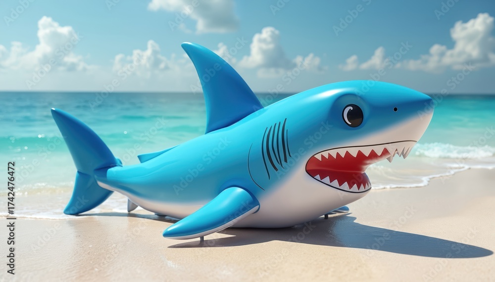 Fototapeta premium Blue inflatable sits on a sandy beach near ocean. Cartoon illustration perfect for summer fun ocean events water activities beach party or kids party