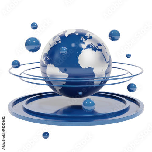 Modern blue globe with orbiting spheres for global business, technology, and environmental concepts, showcasing worldwide connectivity and international reach