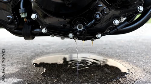 Motorbike Engine Leak with Oil Droplets on Asphalt Surface