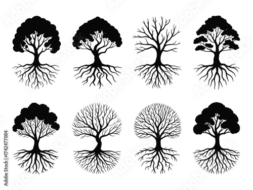 Collection of eight intricately detailed black vector tree illustrations with visible root systems scalable silhouette vector illustration white background