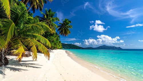 Fototapeta Naklejka Na Ścianę i Meble -  Tropical Paradise - White Sand Beach, Turquoise Water, and Lush Palm Trees.