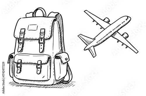 Hand-drawn travel icons with a backpack and airplane. Sketch vector illustration for tourism, adventure, backpacking, and vacation concepts.