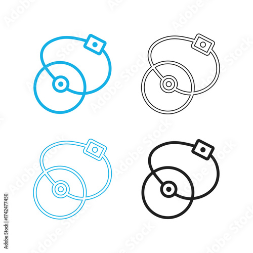 Set of four stylized icons representing a dj turntable and vinyl record in different color variations and line styles