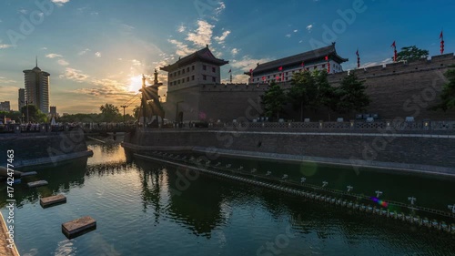 Xi'an Ancient City Wall South Gate at Sunset with Moat Reflection China