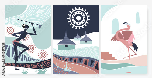 African village, traditional ethnic pattern ornament in wall art decor vector illustration. Cartoon flamingo, aboriginal tribe people holding spear, native folk hut houses in african wallpaper set