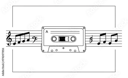 Retro Cassette Tape Frame with Musical Notes Vector
