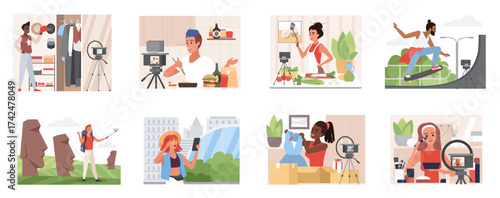 People filming lifestyle, travel, food, fashion, unboxing, beauty, and sports content for social media and online platforms, perfect for digital marketing and influencer concepts vector illustration