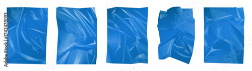 Realistic blue crumpled polyethylene film sheets perfect for packaging design, backgrounds, or creative projects, isolated on white background vector illustration