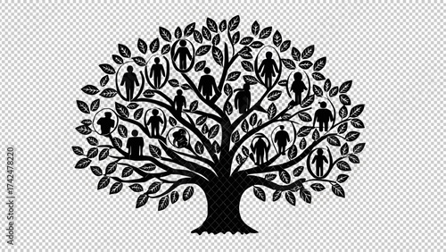 Elegant family tree illustration with genealogical icons in silhouette for ancestry projects and heritage design