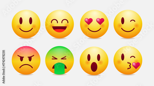 Emoji face icon set. Collection of expressive smiley faces showing emotions such as happiness, love, anger, disgust, surprise, and kiss. 