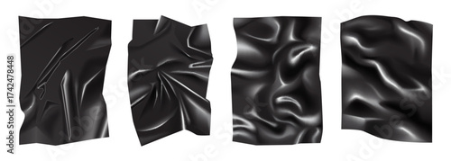 Realistic crumpled black latex sheets with shiny folds and creases perfect for backgrounds, design projects, or material mockups modern abstract style vector illustration
