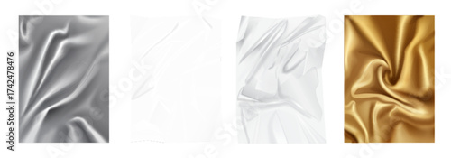 Realistic crumpled polyethylene film and textile backgrounds for design, packaging, or mockup use, showing metallic, white, and gold material folds vector illustration