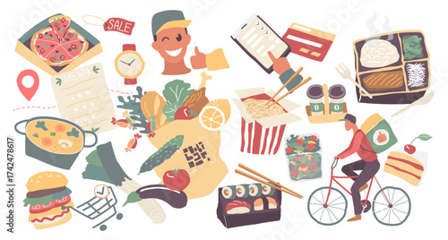 Collection of food delivery elements including meals, groceries, cyclist courier, payment, and menu icons for restaurant, online order, and takeaway concepts isolated vector illustration